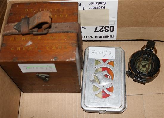 Cased military compass, pocket compass, cig case, US binocular box